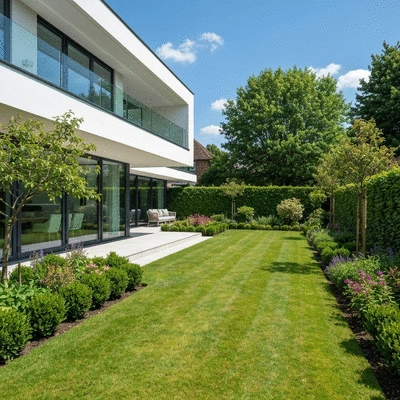 Modern home exterior with well-maintained garden, representing property maintenance in Hertfordshire