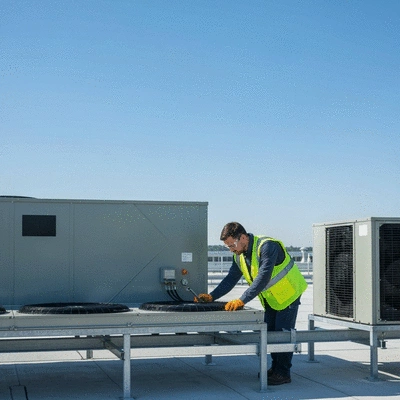 Professional handyman inspecting HVAC system on a commercial rooftop, clear sky, no text, no words, no typography, 8K