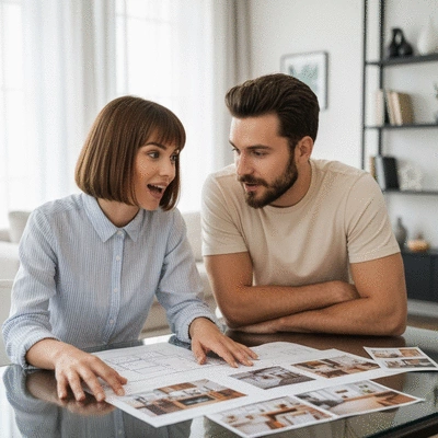 Couple planning home renovation with blueprints