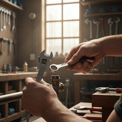 Close-up of a plumber's hands working on a pipe, focus on tools and expertise