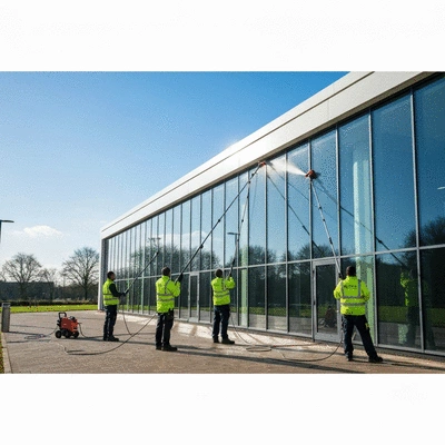 Professional cleaning crew maintaining the exterior of a modern commercial building in Hertfordshire, UK