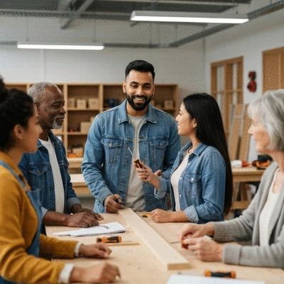 Tradesperson engaging with community members at a workshop, professional, friendly, no text, no words, no typography, 8K