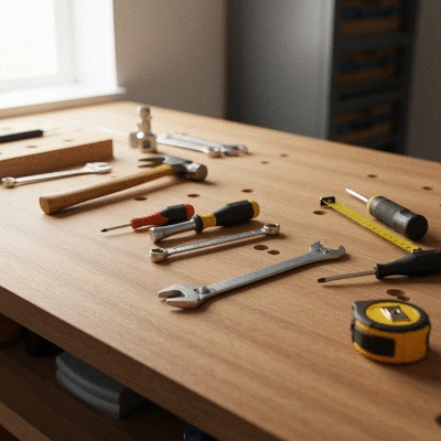 Professional handyman tool kit laid out on a workbench